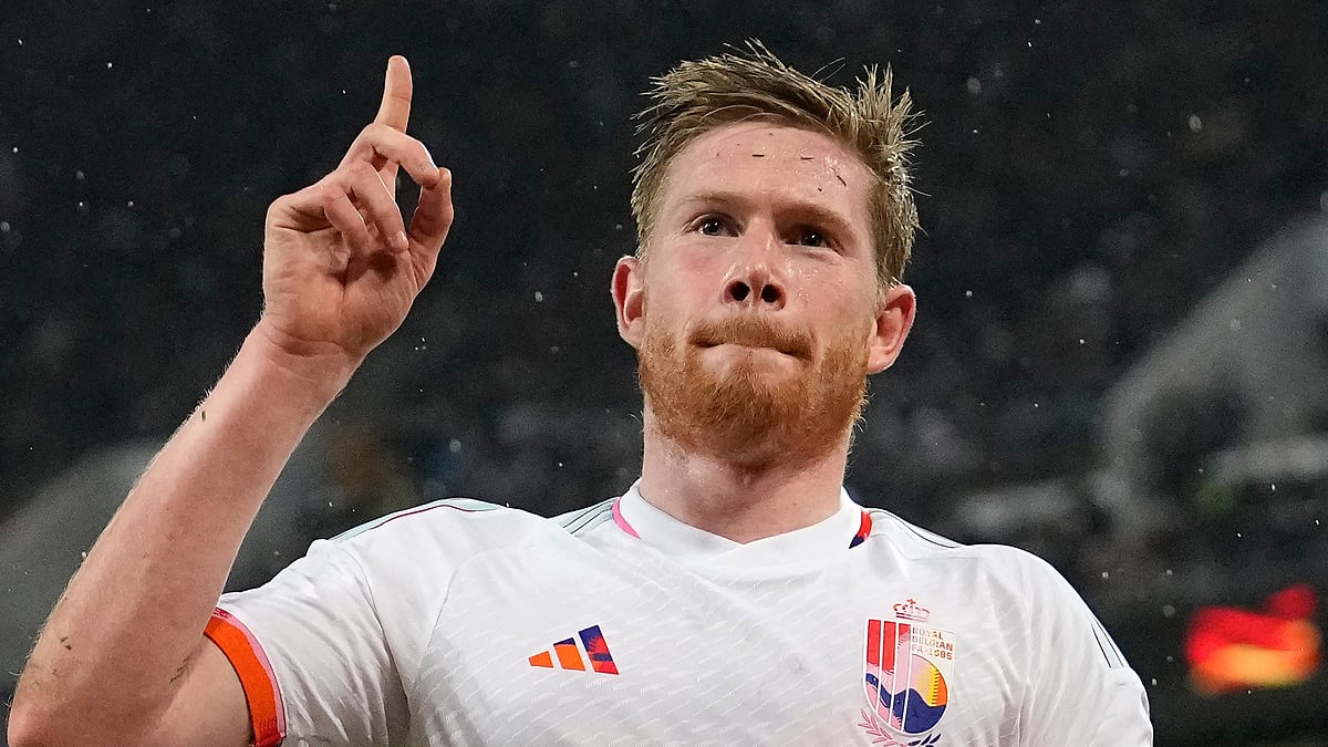 FILE - Belgium's Kevin De Bruyne celebrates after scoring his side's third goal during the international friendly soccer match between Germany and Belgium in Cologne, Germany, Tuesday March 28, 2023. -  (AP Photo/Martin Meissner, File)
